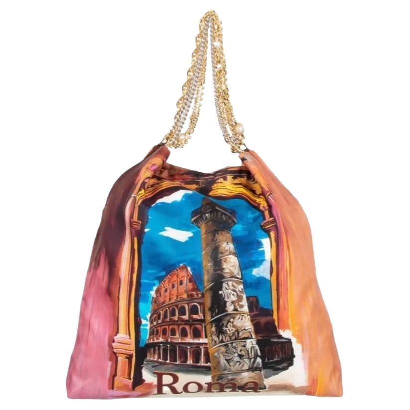 Dolce & Gabbana Multicolor Pink Blue Silk Roma Shopping Bag Tote Handbag DG  For Sale