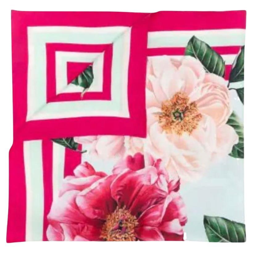 Dolce & Gabbana Multicolor Pink Silk Camelia Striped Scarf Wrap Floral Headscarf For Sale