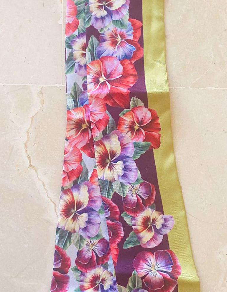 Beige Dolce & Gabbana Multicolor Pink Silk Floral Mini Scarf Headscarf Tie Flowers DG For Sale