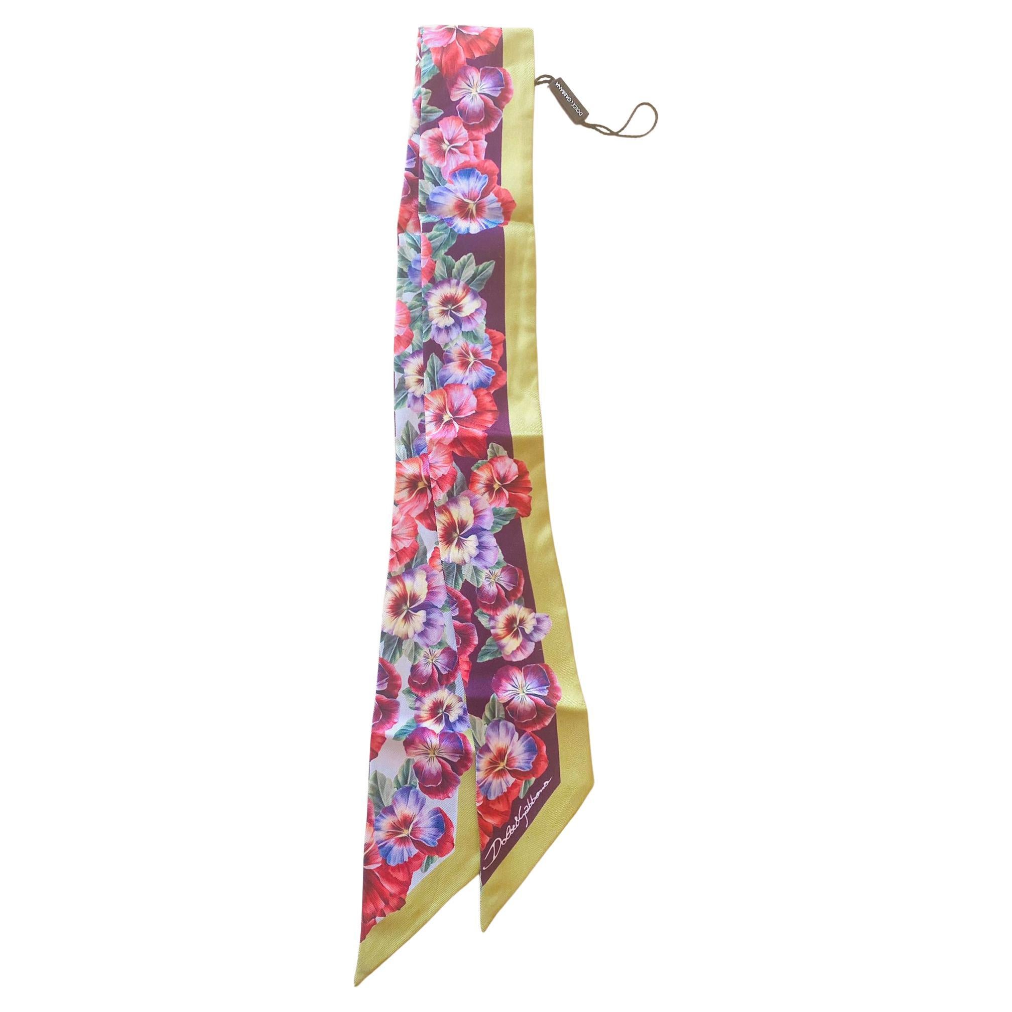 Dolce & Gabbana Multicolor Pink Silk Floral Mini Scarf Headscarf Tie Flowers DG For Sale
