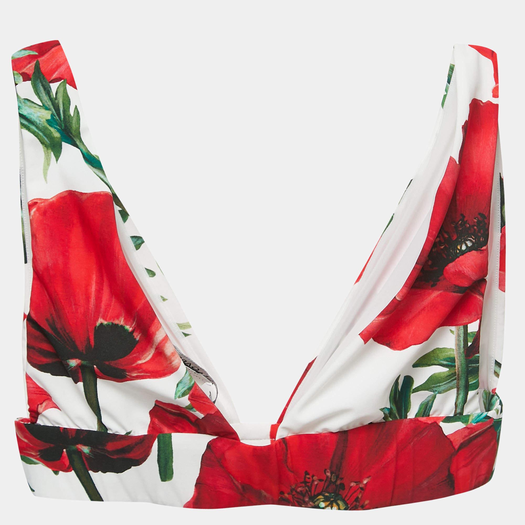 Dolce & Gabbana Multicolor Poppies Print Stretch Jersey Plunge Neck Crop Top S In Good Condition In Dubai, Al Qouz 2