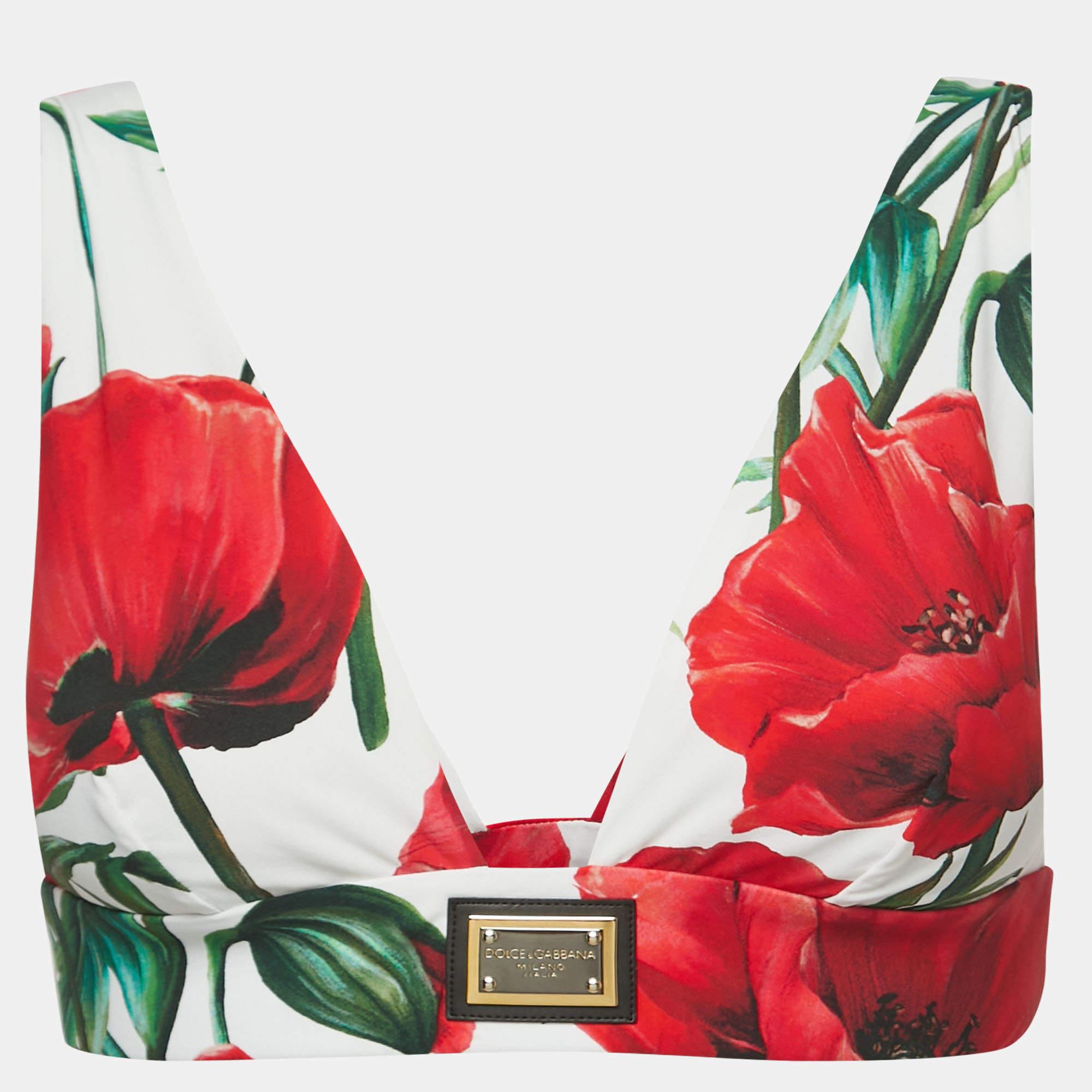 Women's Dolce & Gabbana Multicolor Poppies Print Stretch Jersey Plunge Neck Crop Top S