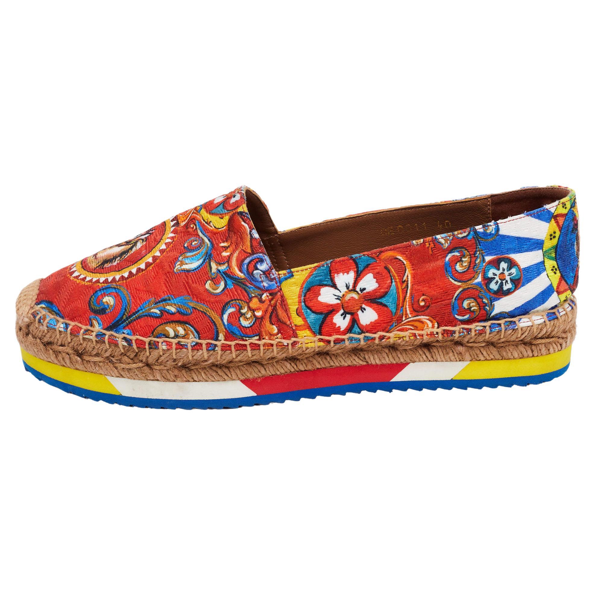 Dolce & Gabbana Multicolor Print Canvas Platform Espadrille Flats Size 40