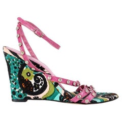 DOLCE & GABBANA multicolor PRINTED FABRIC & RHINESTONE WEDGE Sandals Shoes 37