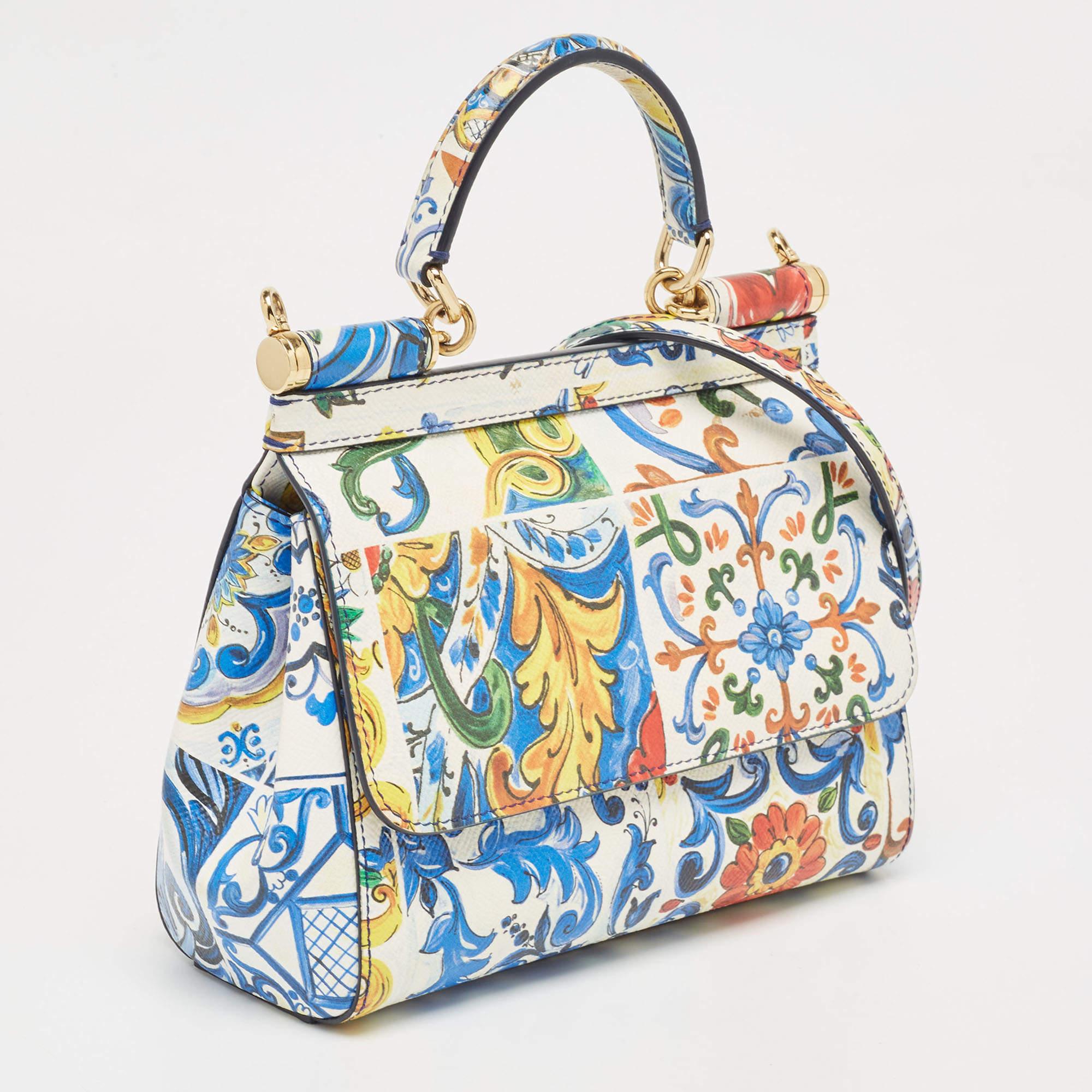 Dolce & Gabbana Multicolor Printed Leather Small Miss Sicily Top Handle Bag For Sale 1