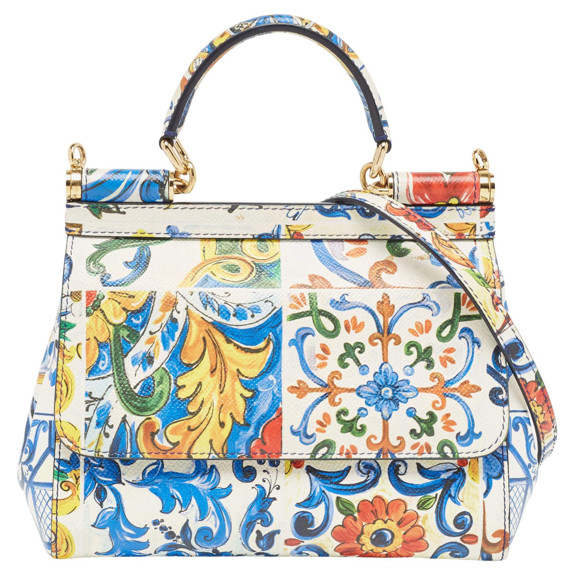 Dolce & Gabbana Multicolor Printed Leather Small Miss Sicily Top Handle Bag For Sale