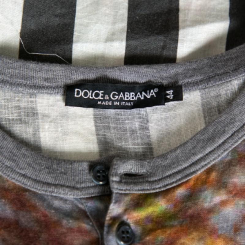 Gray Dolce & Gabbana Multicolor Printed Linen Half Button Oversized T-Shirt XS For Sale