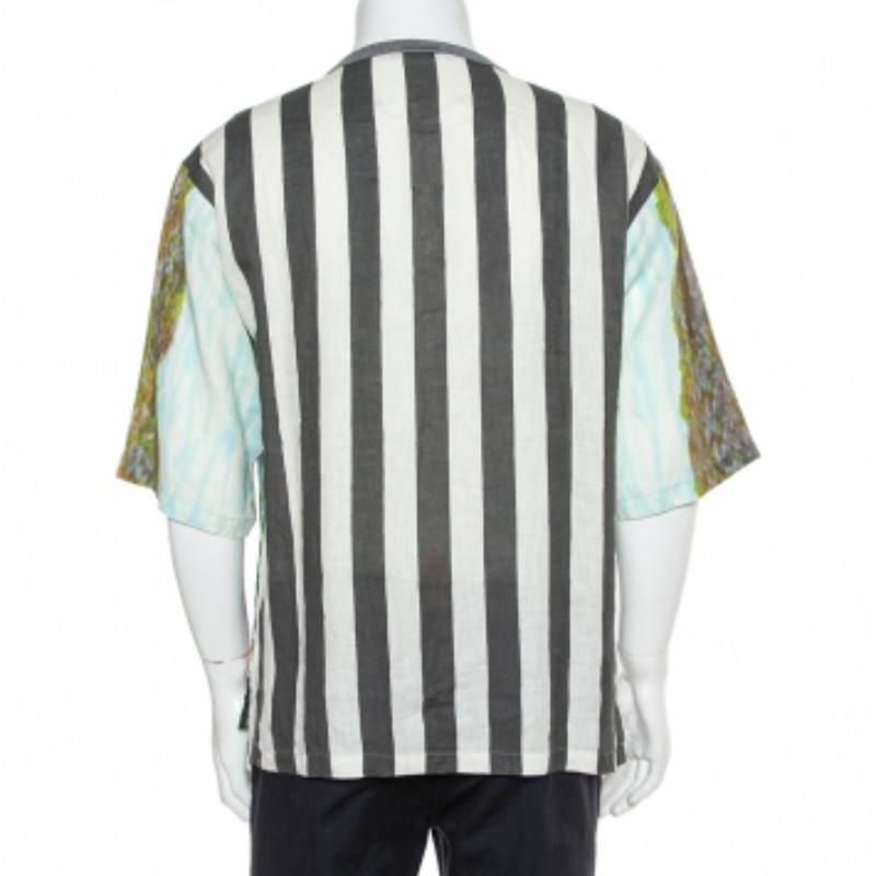 Men's Dolce & Gabbana Multicolor Printed Linen Half Button Oversized T-Shirt XS For Sale