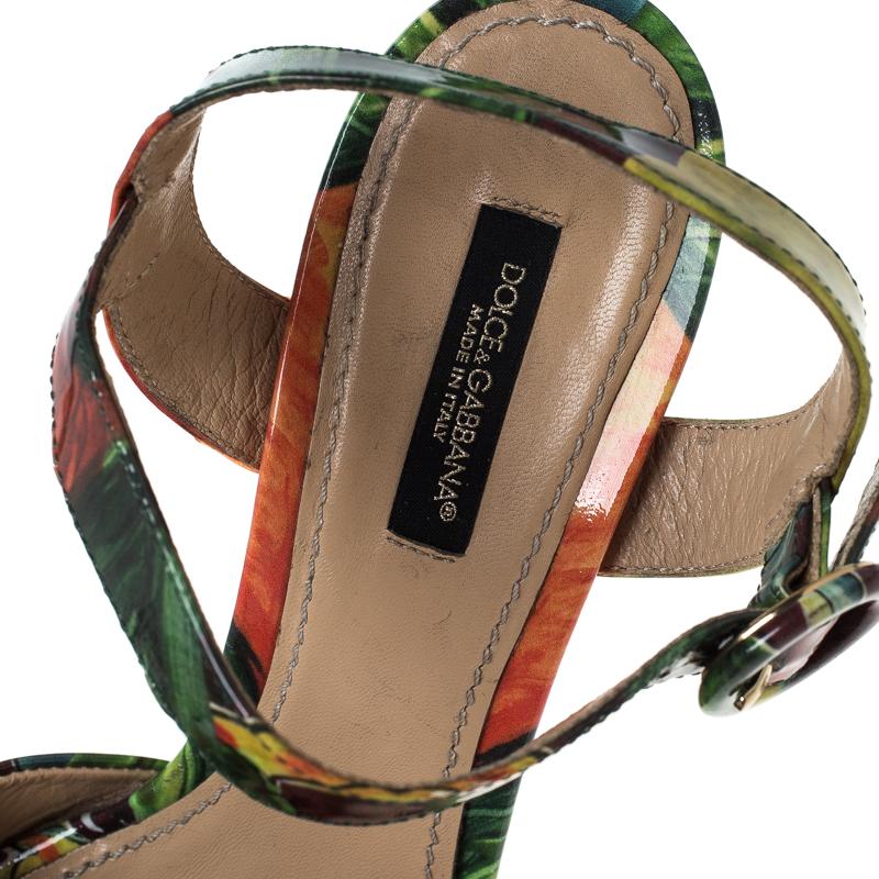 Beige Dolce & Gabbana Multicolor Printed Patent Leather Platform Sandals Size 37.5