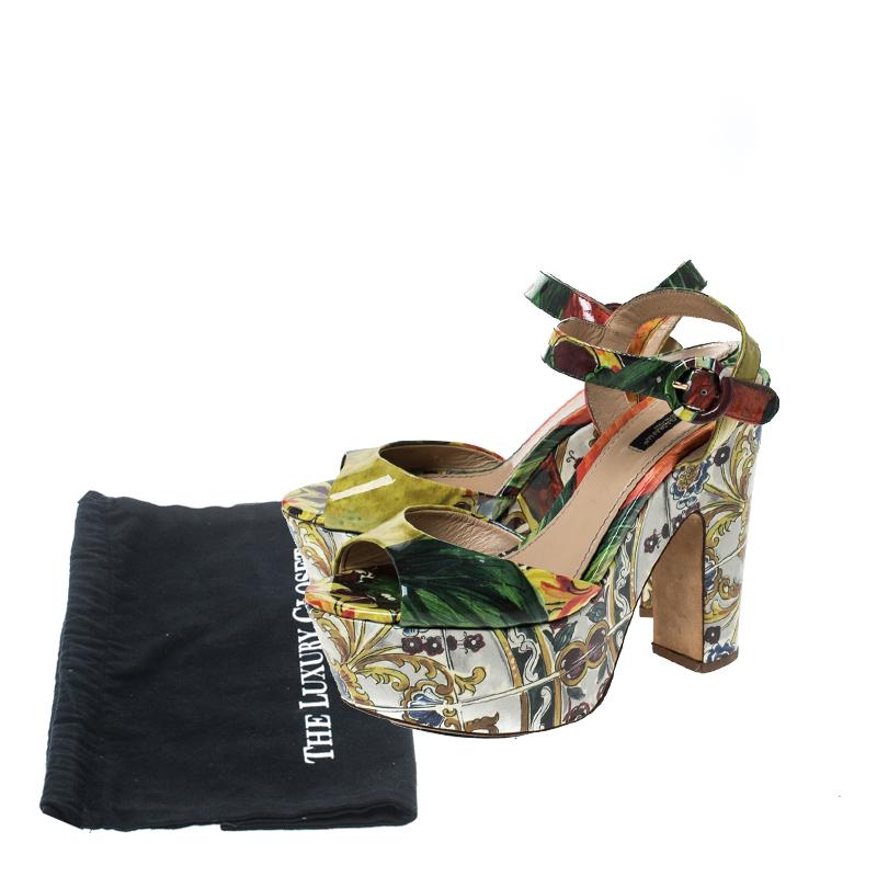 Women's Dolce & Gabbana Multicolor Printed Patent Leather Platform Sandals Size 37.5