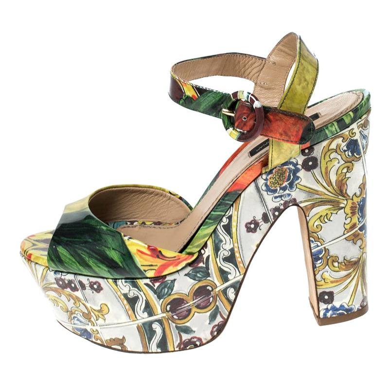 Dolce & Gabbana Multicolor Printed Patent Leather Platform Sandals Size 37.5