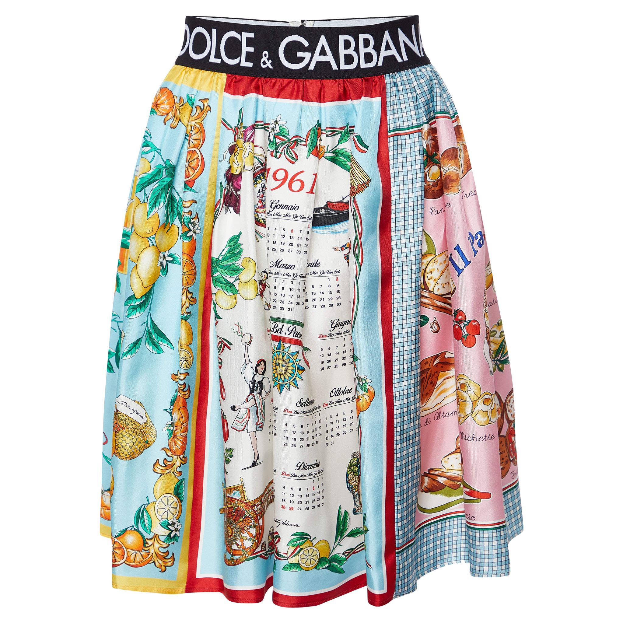 Dolce & Gabbana Multicolor Printed Silk Mixed Panel Mini Skirt L For Sale