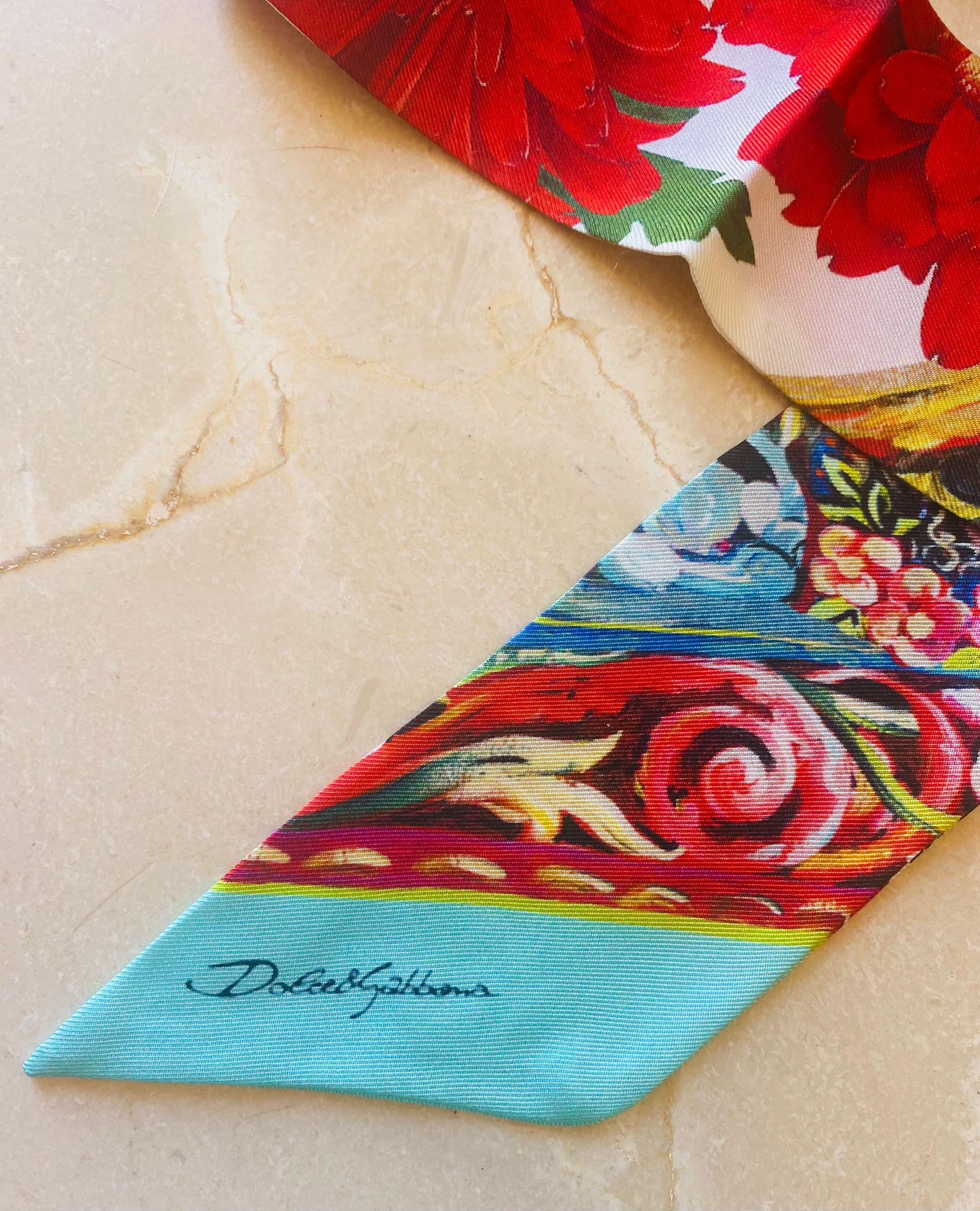 Brown Dolce & Gabbana Multicolor Red Blue Silk Floral Mini Scarf Headscarf Tie DG For Sale