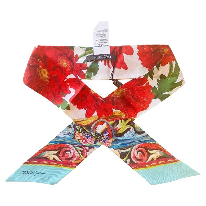 Dolce & Gabbana Multicolor Red Blue Silk Floral Mini Scarf Headscarf Tie DG For Sale
