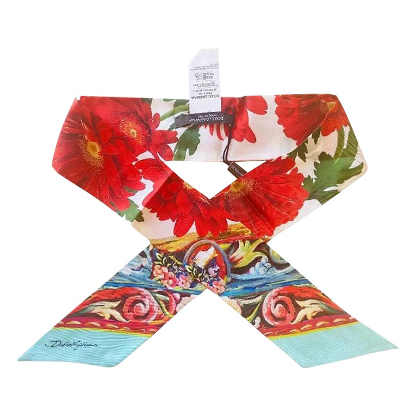 Dolce & Gabbana Multicolor Red Blue Silk Floral Mini Scarf Headscarf Tie DG For Sale