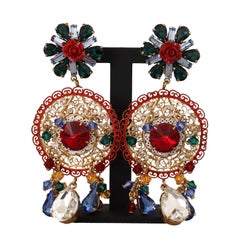 Dolce & Gabbana Multicolor Red Brass Crystal Carretto Clip-on Dangle Earrings