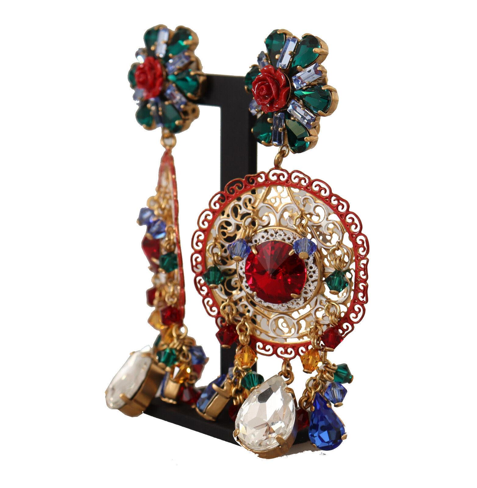 Modern Dolce & Gabbana Multicolor Red Brass Crystal Carretto Clip-on Dangle Earrings