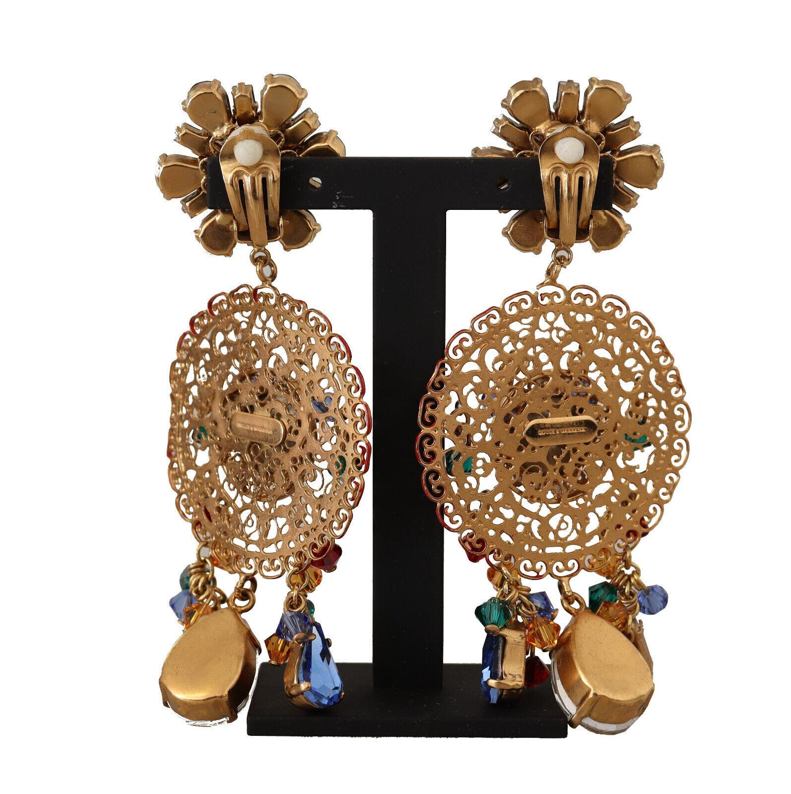 Dolce & Gabbana Multicolor Red Brass Crystal Carretto Clip-on Dangle Earrings In New Condition In WELWYN, GB