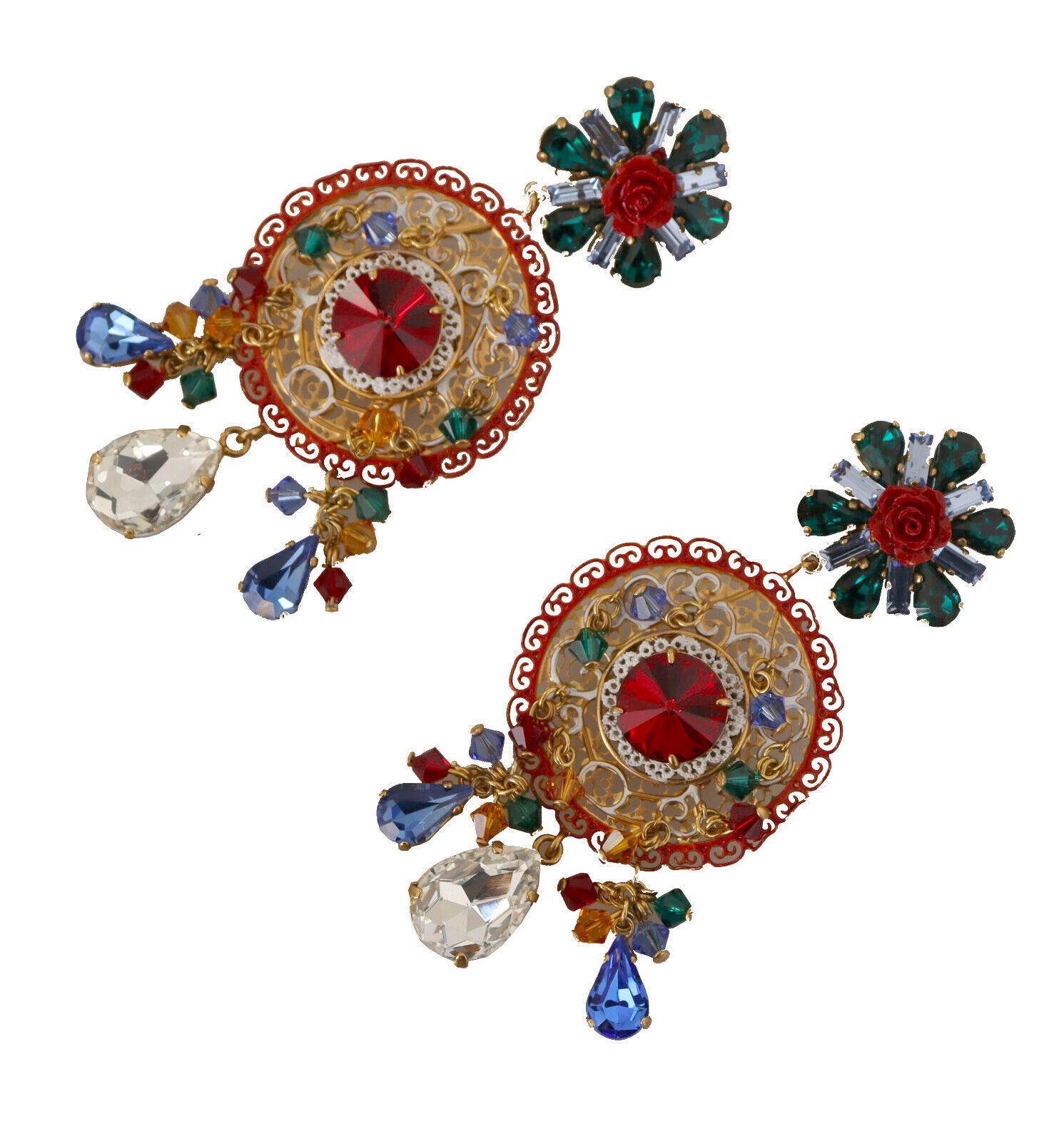 Women's Dolce & Gabbana Multicolor Red Brass Crystal Carretto Clip-on Dangle Earrings