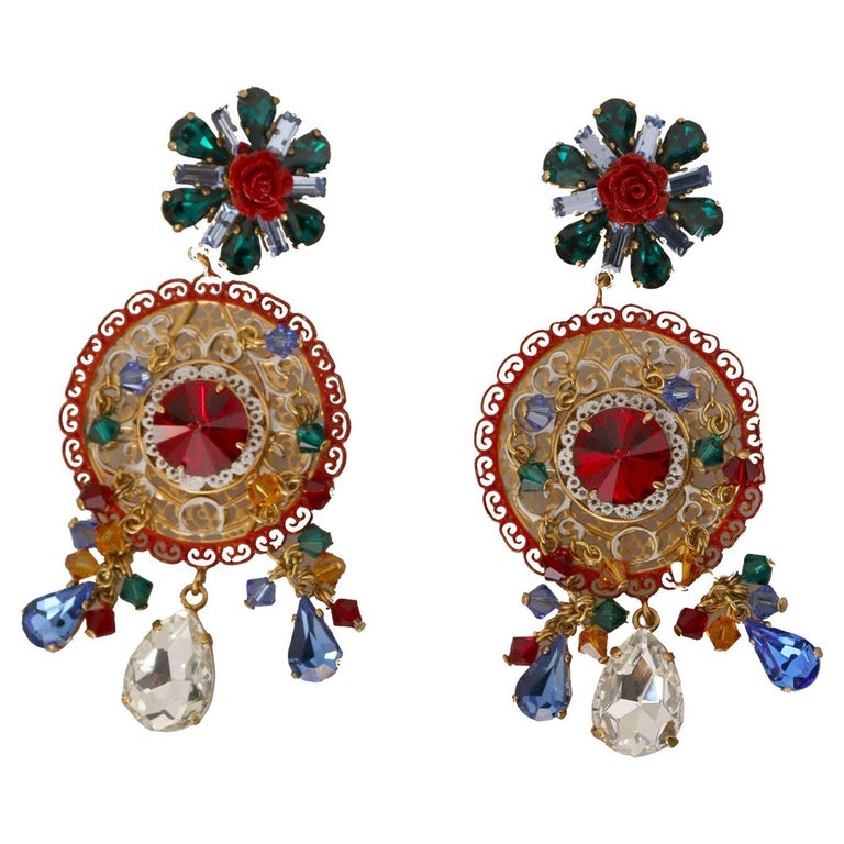 Dolce and Gabbana Multicolor Red Brass Crystal Carretto Clip-on Dangle  Earrings For Sale at 1stDibs