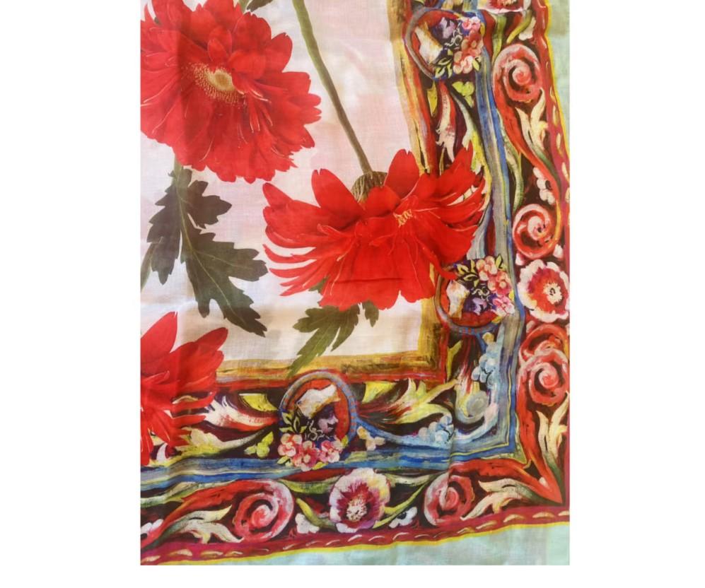 Beige Dolce & Gabbana Multicolor Red Floral Gerbera Scarf Wrap Cover Up Maiolica DG For Sale