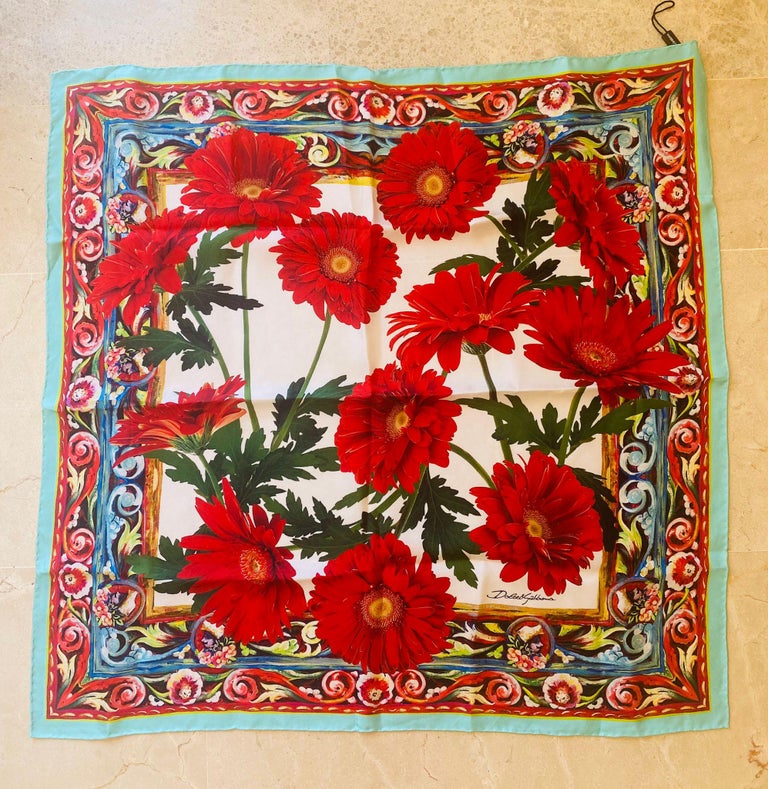 Dolce and Gabbana Multicolor Red Silk Floral Gerbera Scarf Wrap Cover