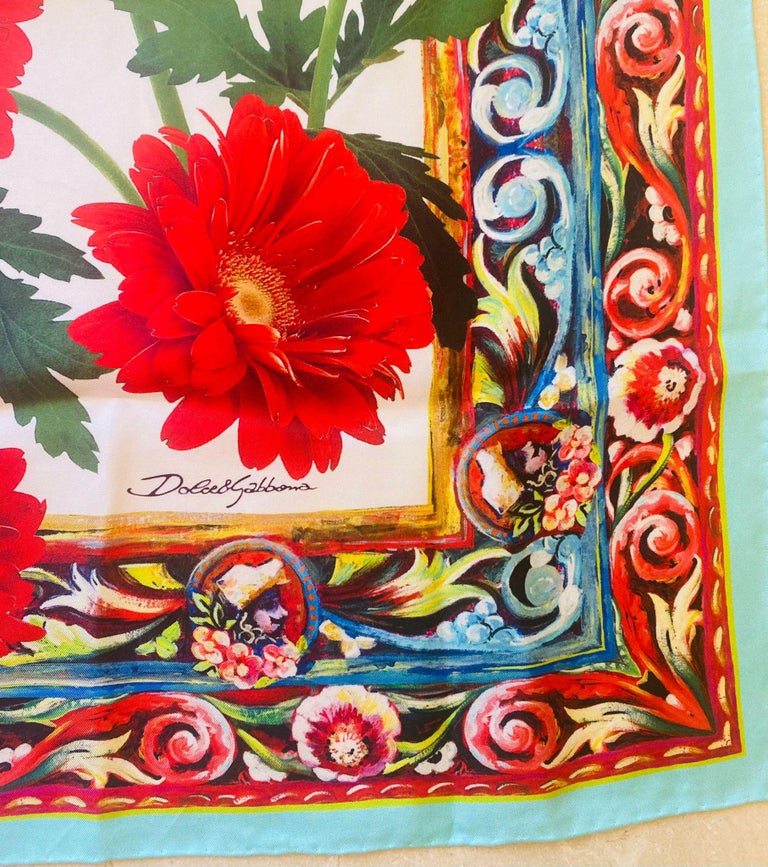 Dolce Gabbana Multicolor Red Silk Floral Gerbera Scarf Wrap Cover Up  Flowers
