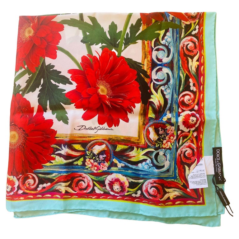 Dolce and Gabbana Multicolor Red Silk Floral Gerbera Scarf Wrap Cover