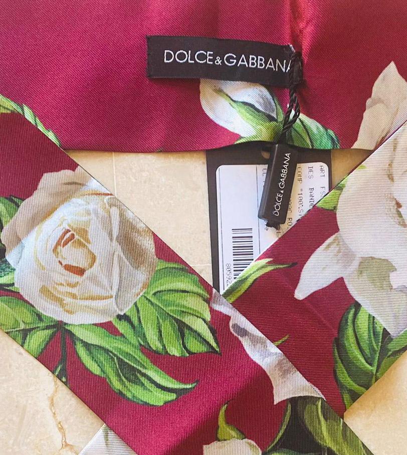 Women's Dolce & Gabbana Multicolor Red Silk Floral Roses Mini Scarf Headscarf Tie DG  For Sale
