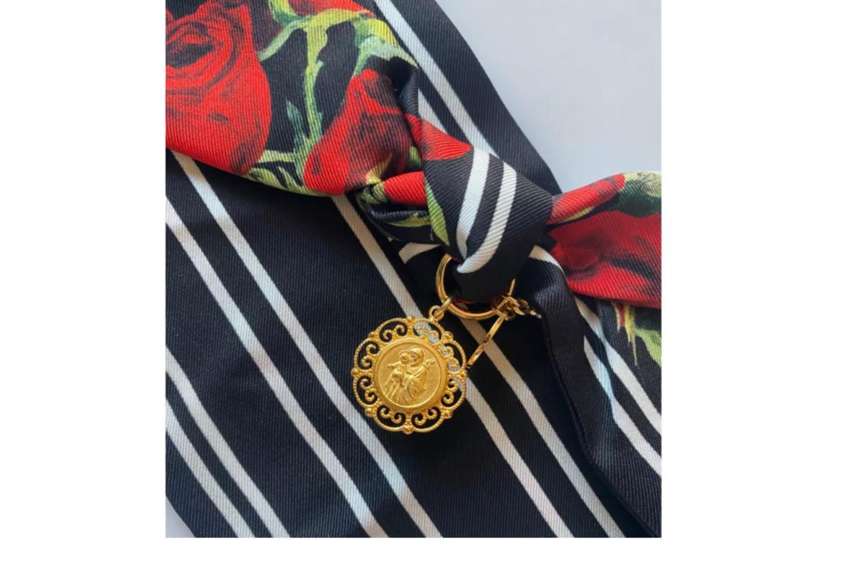 Black Dolce & Gabbana Multicolor Red Silk Rose Striped Scarf With Crystal Brooch Tie