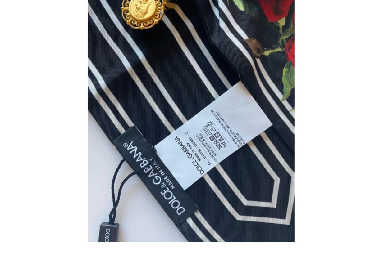 Women's Dolce & Gabbana Multicolor Red Silk Rose Striped Scarf With Crystal Brooch Tie