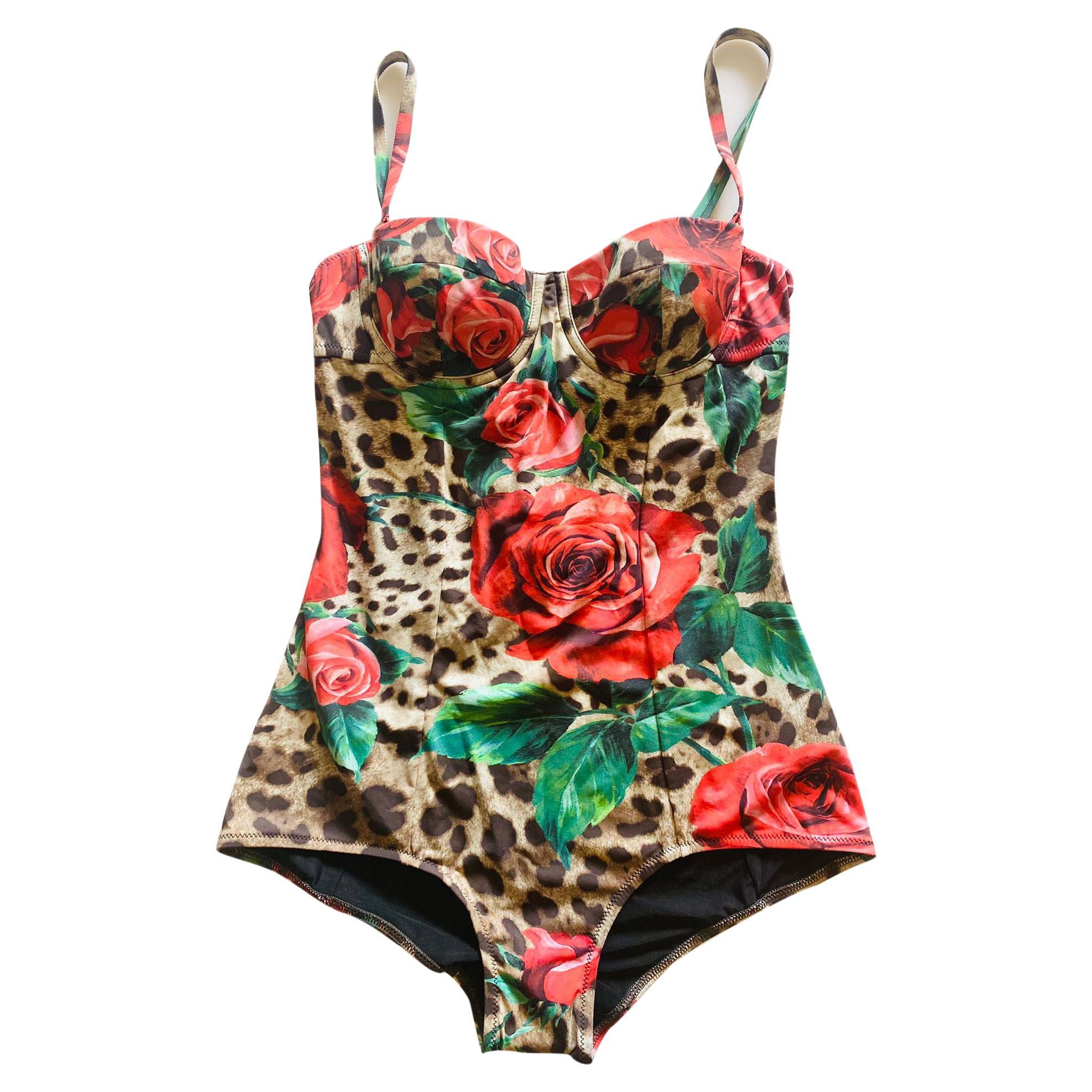 Dolce & Gabbana Multicolor Rose Leopard Full Swimsuit Swimwear Beachwear Bikini For Sale