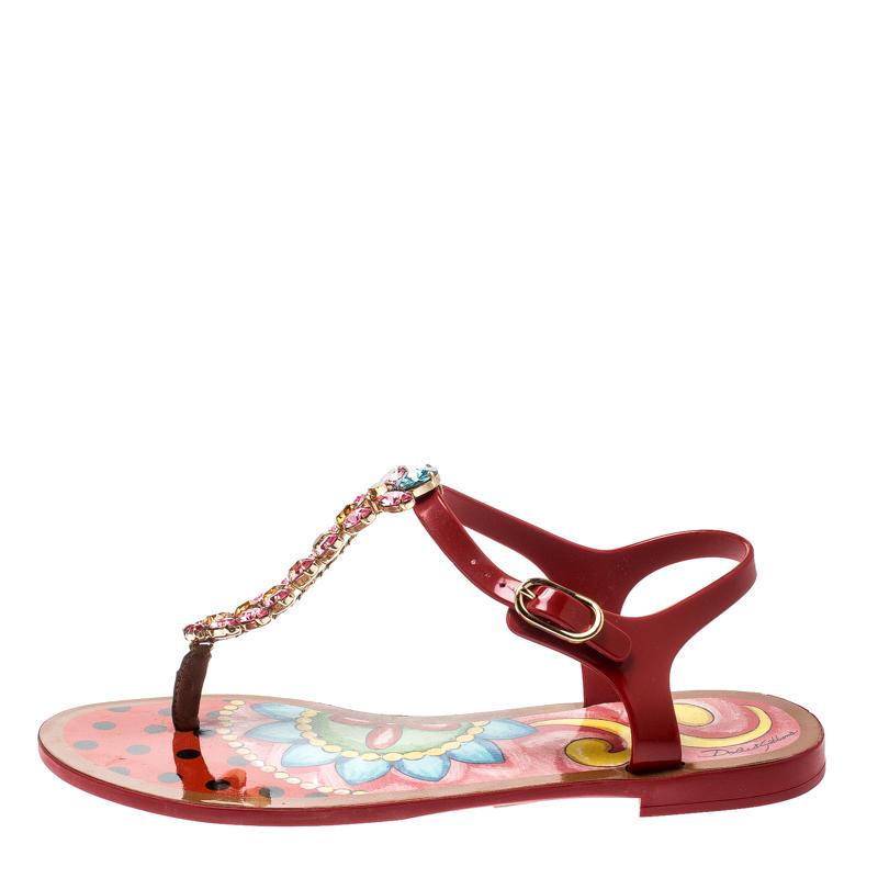 Beige Dolce & Gabbana Multicolor Rubber Crystal Embellished Flat Thong Sandals Size 37