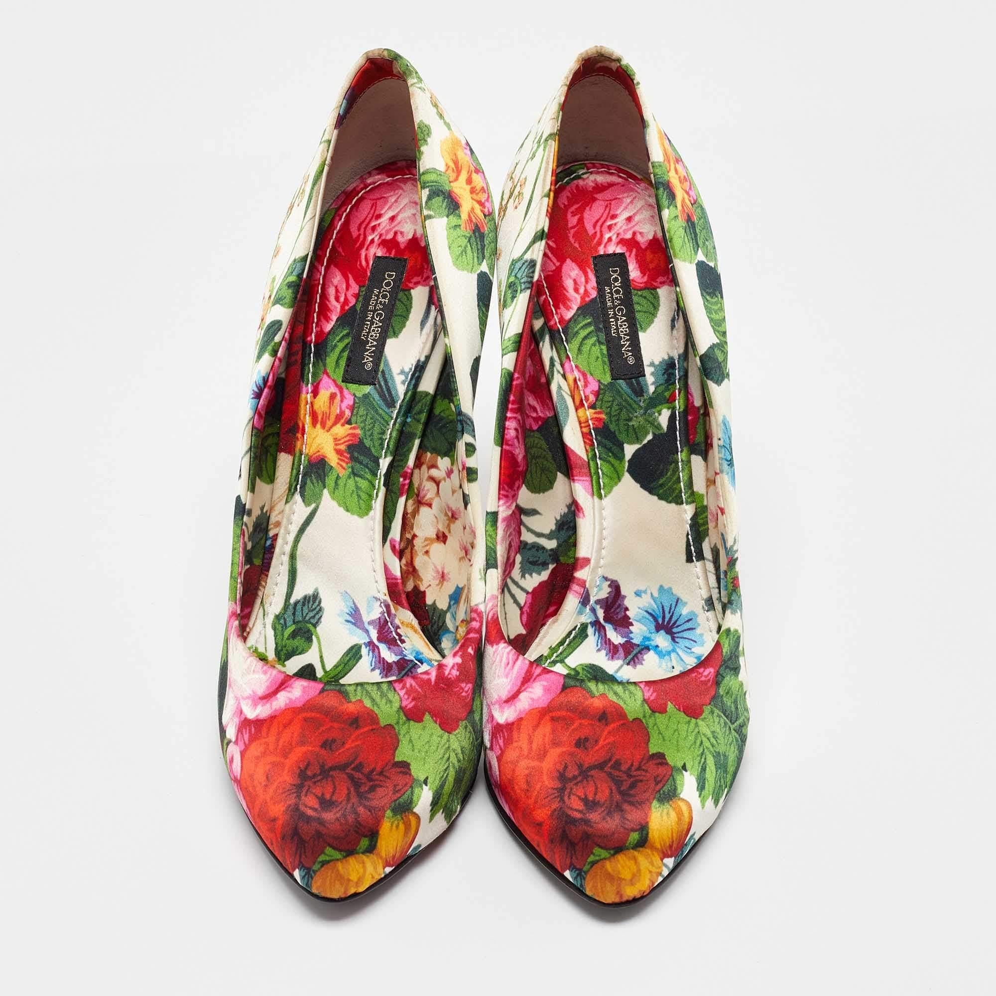 Beige Dolce & Gabbana Multicolor Satin Floral Print Pumps Size 40 For Sale