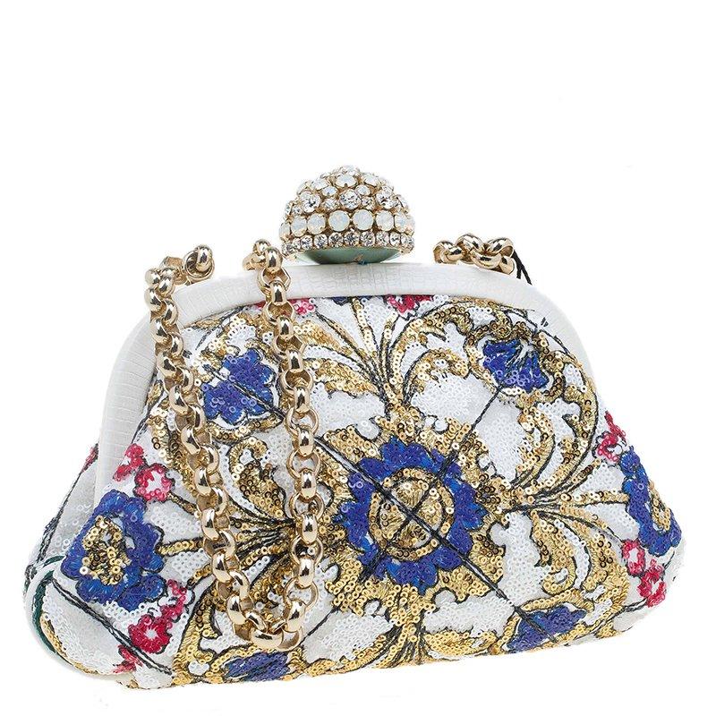 Beige Dolce & Gabbana Multicolor Sequins Frame Convertible Clutch