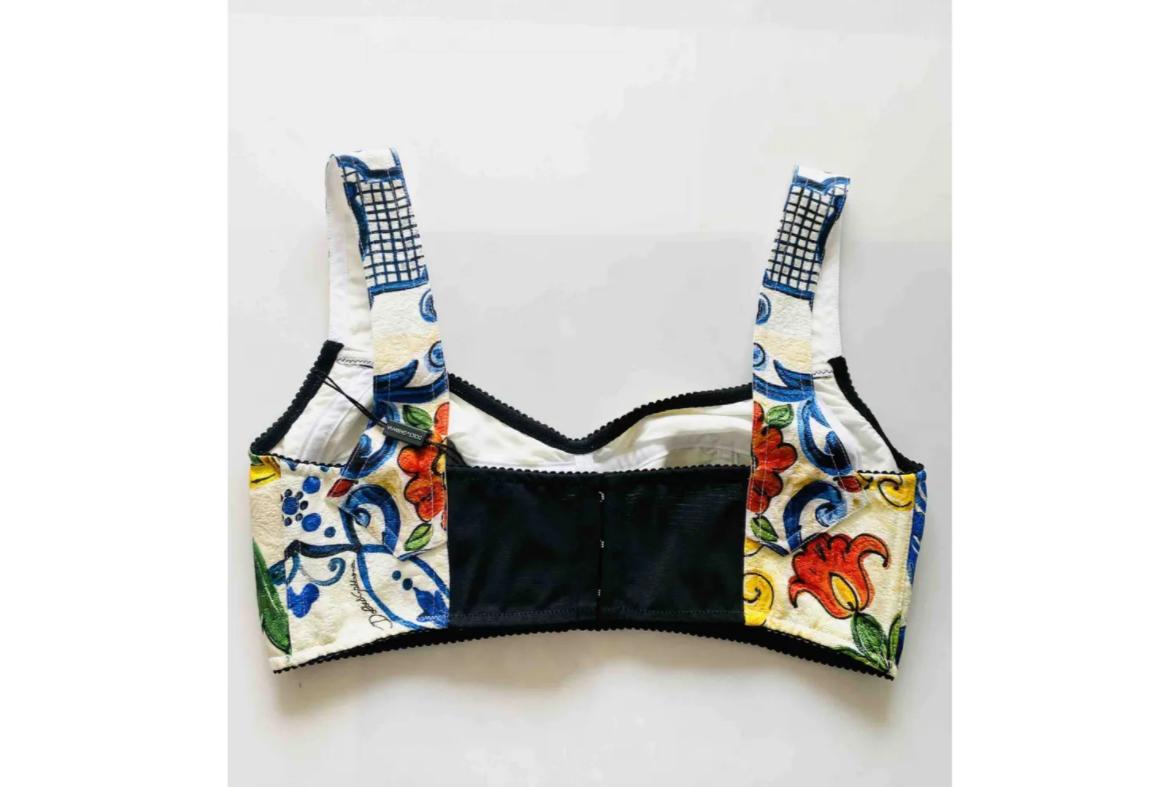 Dolce & Gabbana Multicolor Sicily Maiolica Cotton Corset Cropped Top Floral In New Condition In WELWYN, GB