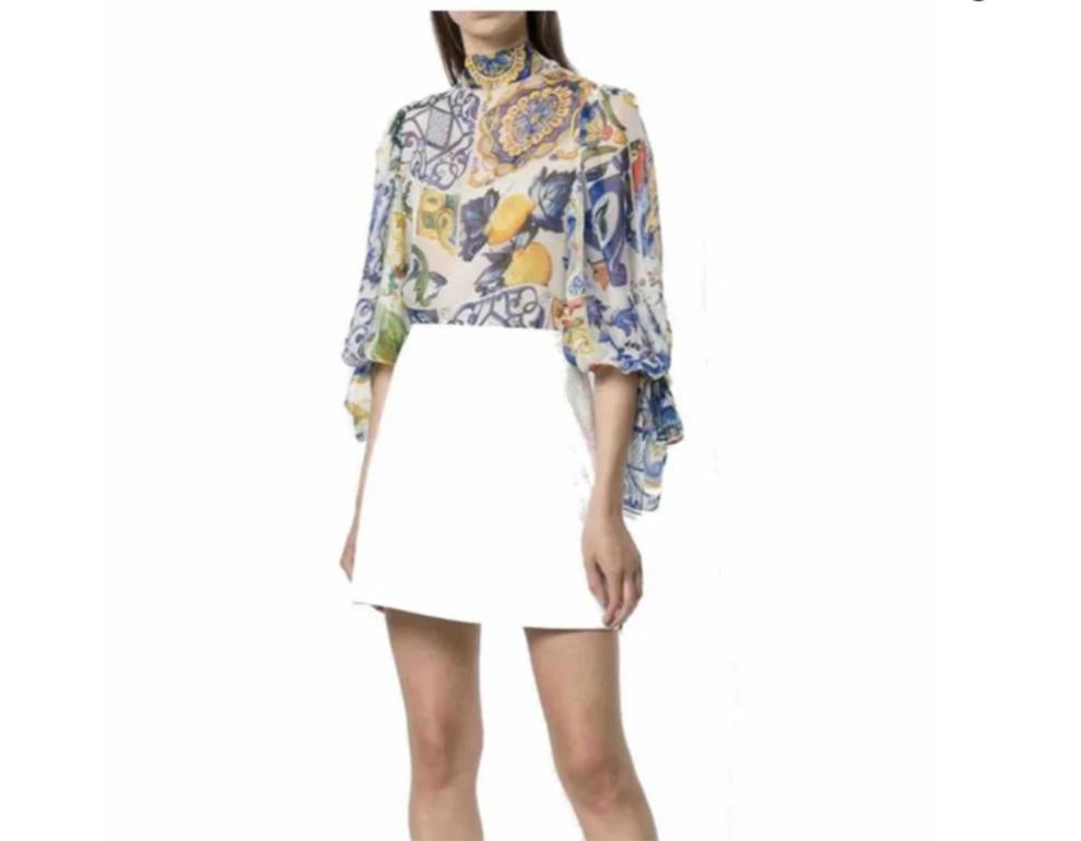 Gray Dolce & Gabbana Multicolor Sicily Maiolica Floral Print Silk Twill Top Blouse 