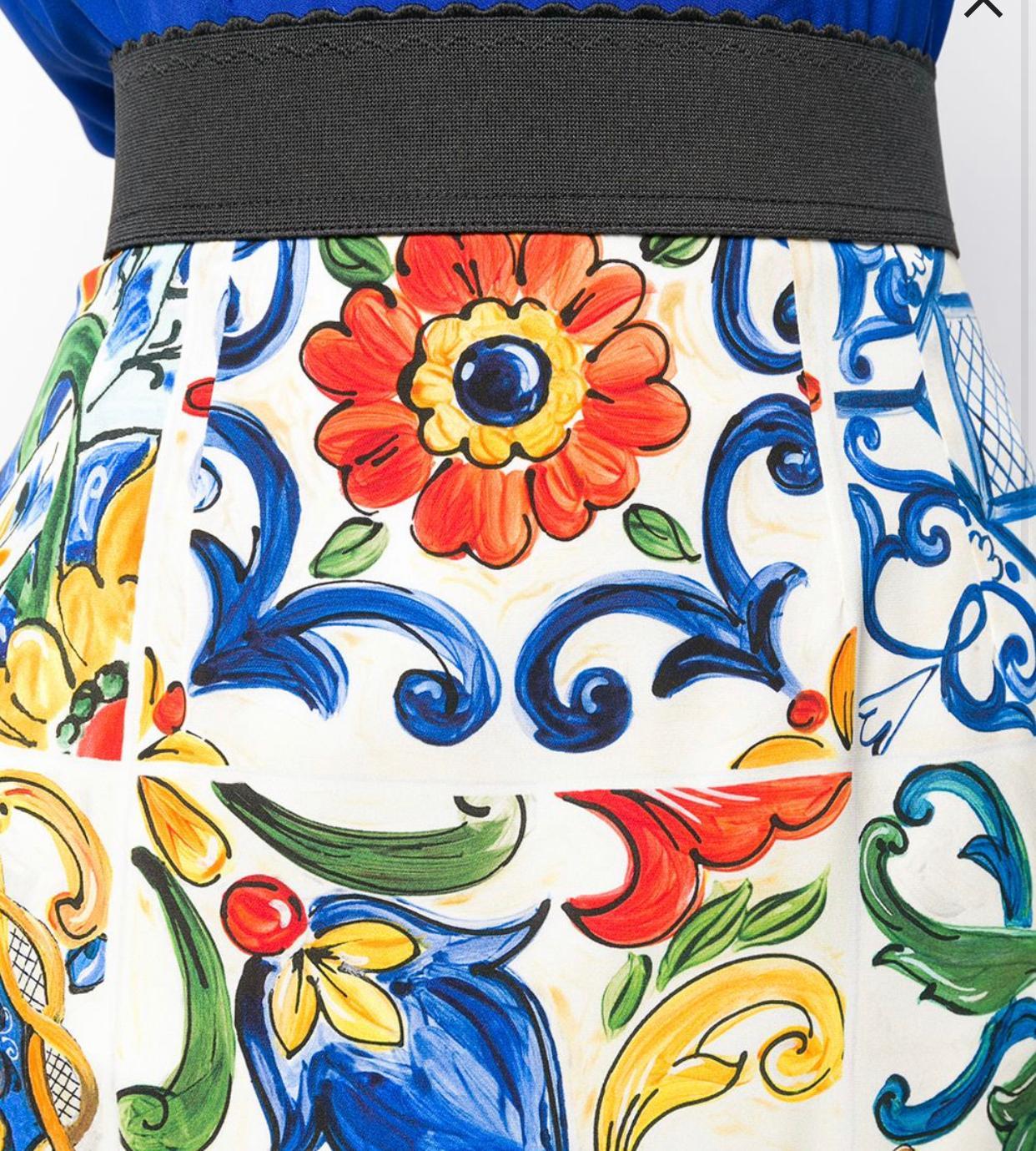 Beige Dolce & Gabbana Multicolor Sicily Maiolica Print Silk Midi Skirt Mid-length