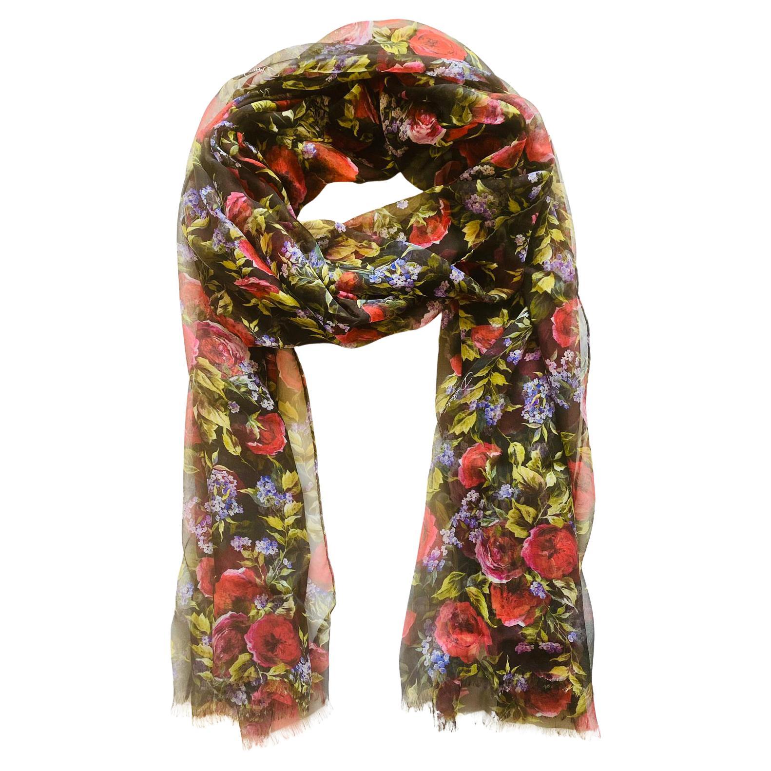 Dolce 
Gabbana Multicolor Silk Floral Scarf Elegant Red Black Flowers DG Italy