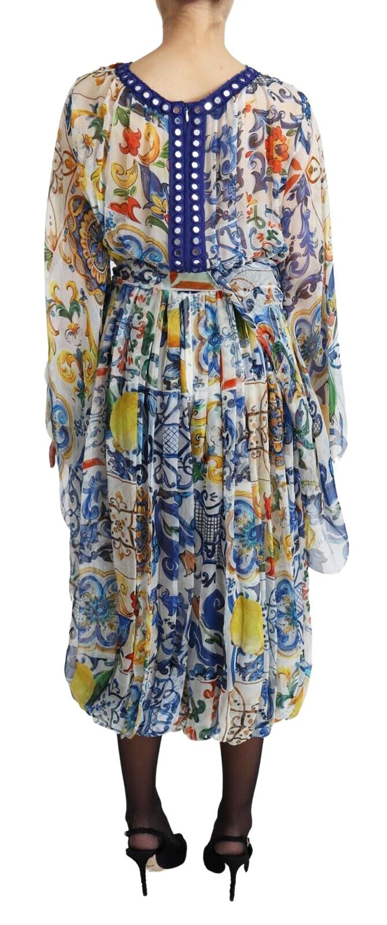 Dolce & Gabbana Multicolor Silk Floral Sicily Maiolica Midi Dress Wrap DG V-neck In New Condition For Sale In WELWYN, GB