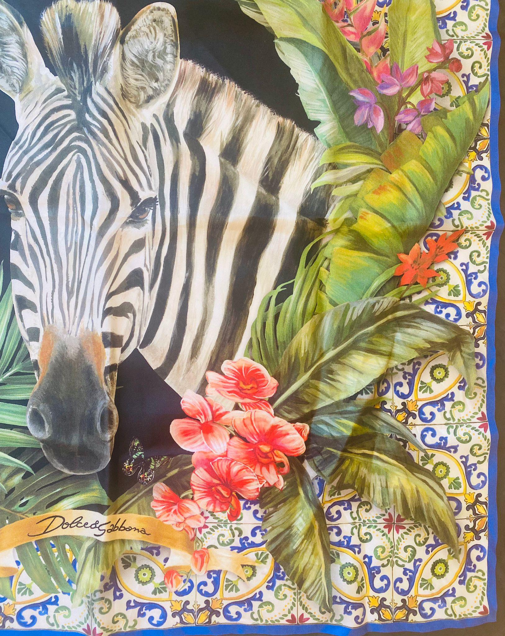 Brown Dolce & Gabbana Multicolor Silk Floral Zebra Jungle Tropical Scarf Wrap Cover