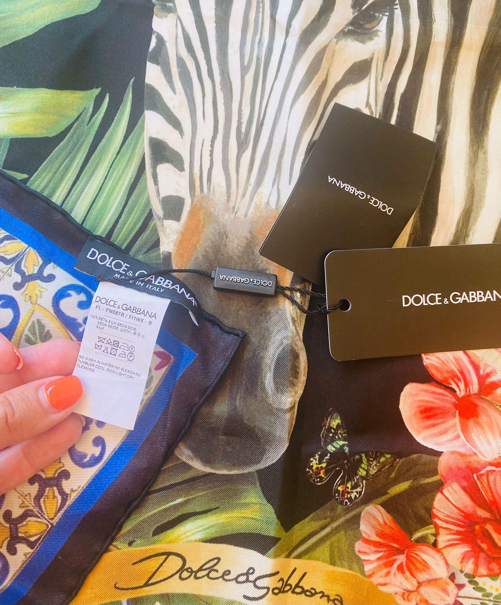Dolce & Gabbana Multicolor Silk Floral Zebra Jungle Tropical Scarf Wrap Cover In New Condition In WELWYN, GB