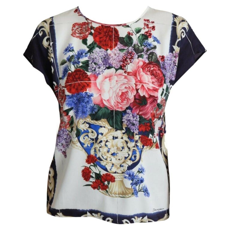 Dolce and Gabbana Multicolor Silk Flower Vase Top Round Neck Blouse Peony  DG For Sale at 1stDibs