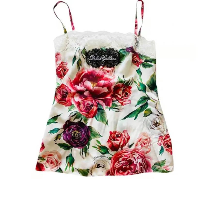 Dolce & Gabbana Multicolor Silk Lace Floral Peony Rose Top Camisole Sleeveless In New Condition For Sale In WELWYN, GB