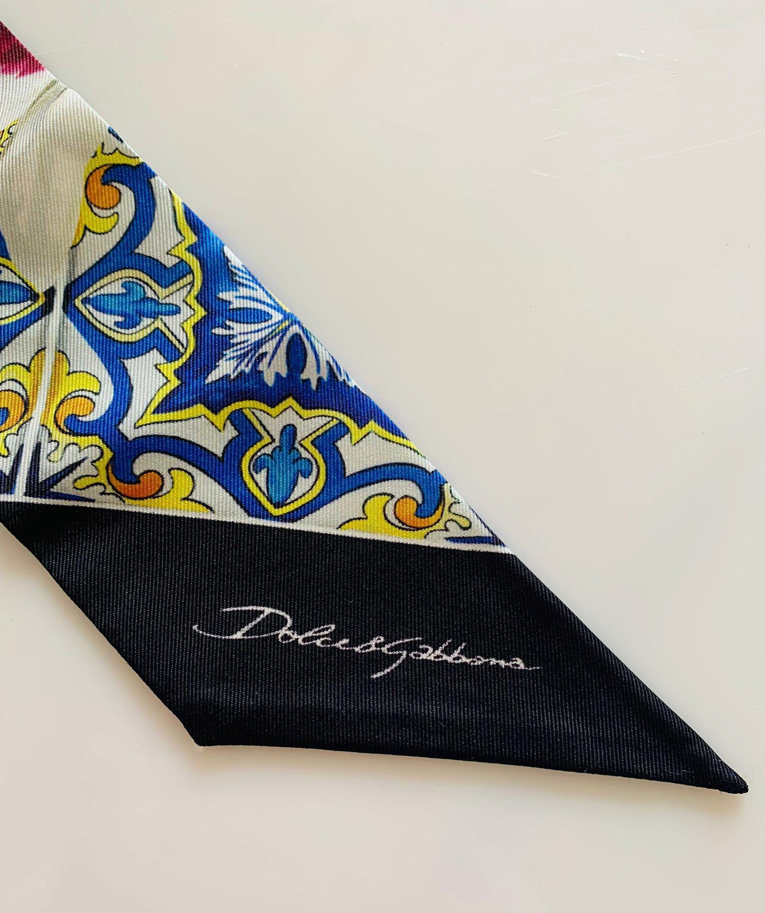 Dolce & Gabbana Multicolor Silk Maiolica Flowers Leaves Mini Scarf Bandeau Tie  In New Condition In WELWYN, GB