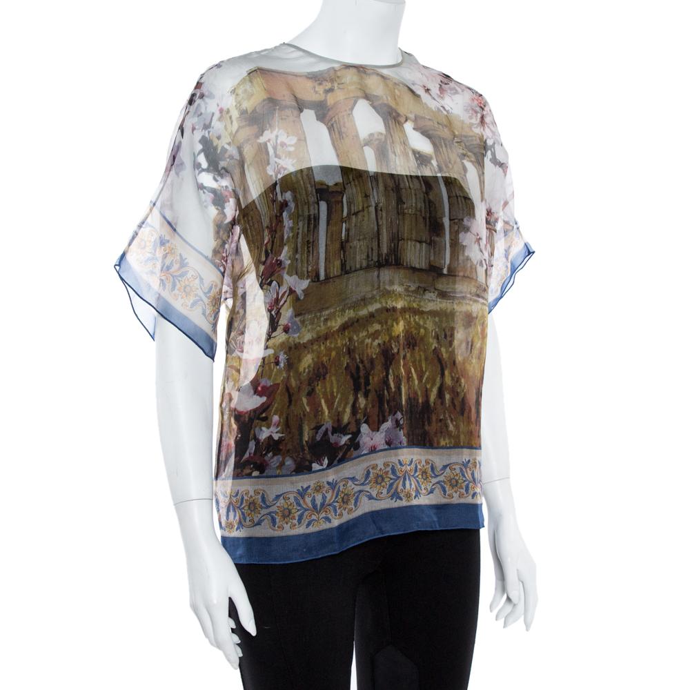 Gray Dolce & Gabbana Multicolor Silk Organza Printed Top M