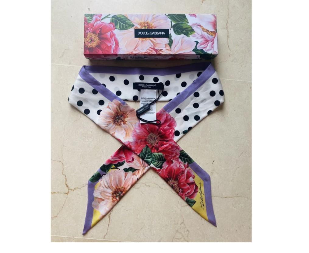Gray Dolce & Gabbana Multicolor Silk Polkadot Floral Mini Scarf Tie Bandeau Women For Sale