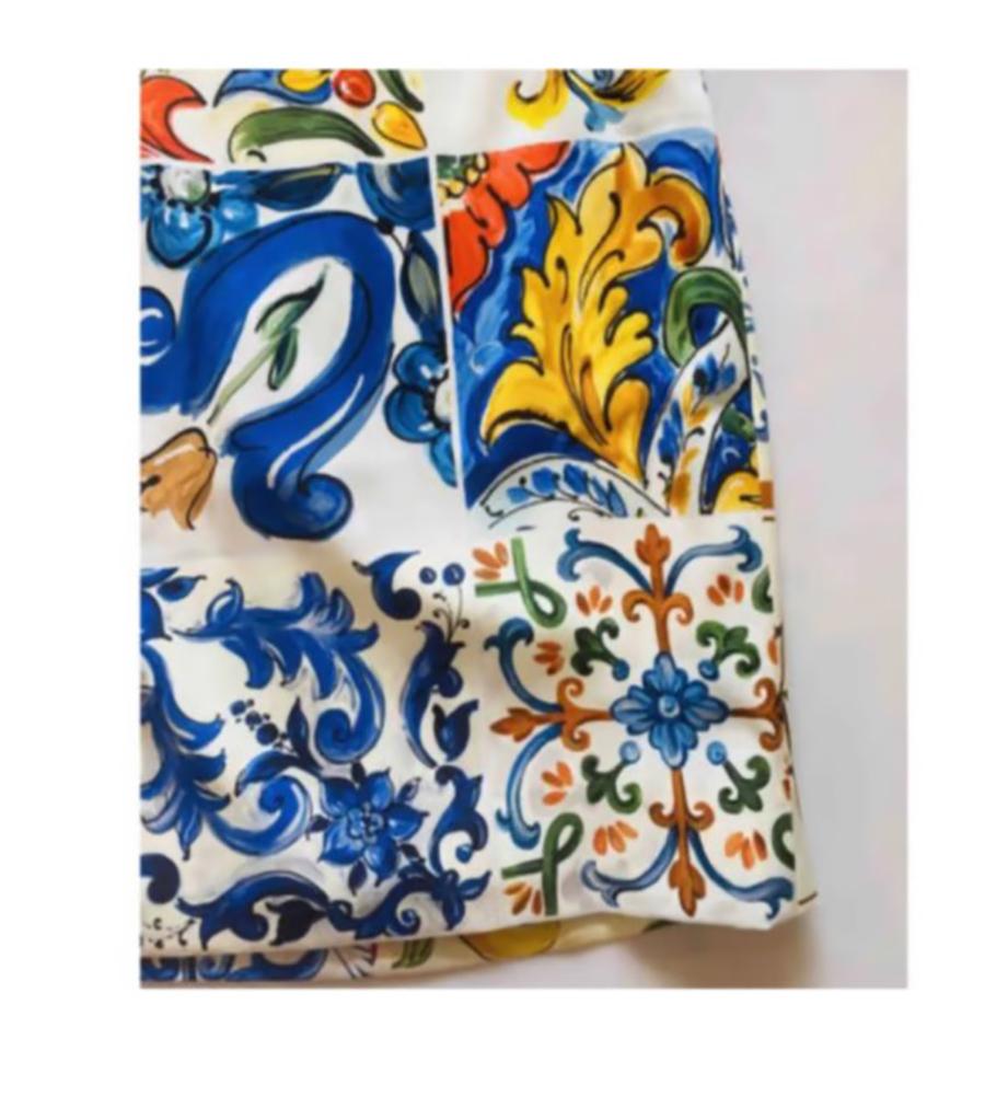 Gray Dolce & Gabbana Multicolor Silk Sicily Maiolica Midi Mid-length Dress Flowers DG