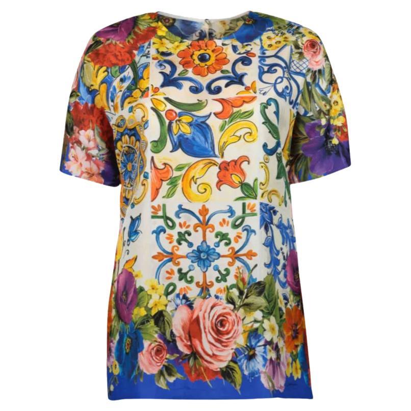 Dolce & Gabbana Multicolor Silk Sicily Maiolica Rose Floral Top T-shirt Blouse  For Sale