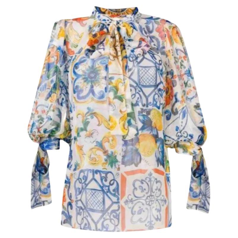 Dolce & Gabbana Multicolor Silk Sicily Maiolica Rose Floral Twill Top Blouse  For Sale